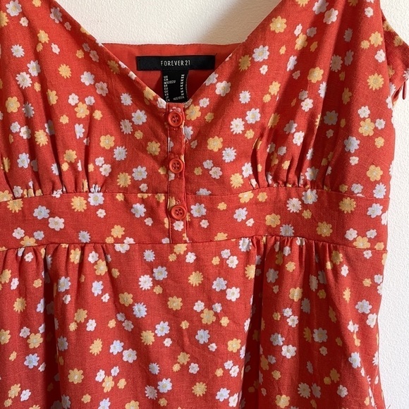 F21 Ditsy Floral Baby Doll Linen Medium Orange Yellow Retro Tank Shift Button - Picture 6 of 13